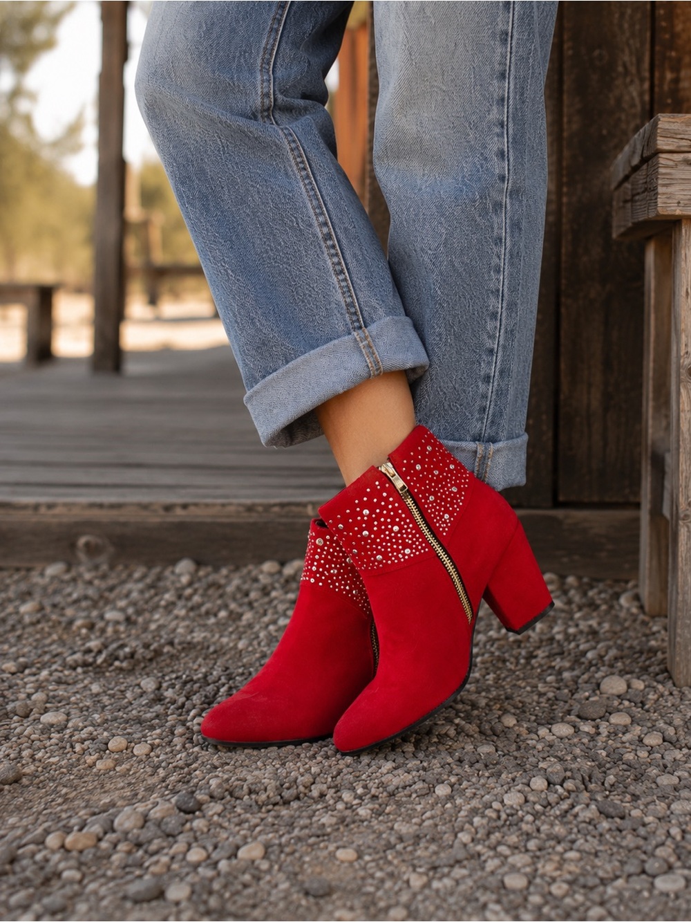 Red Rhinestone Ankle Boots EU 37 US 6.5 Block Heel Statement Booties